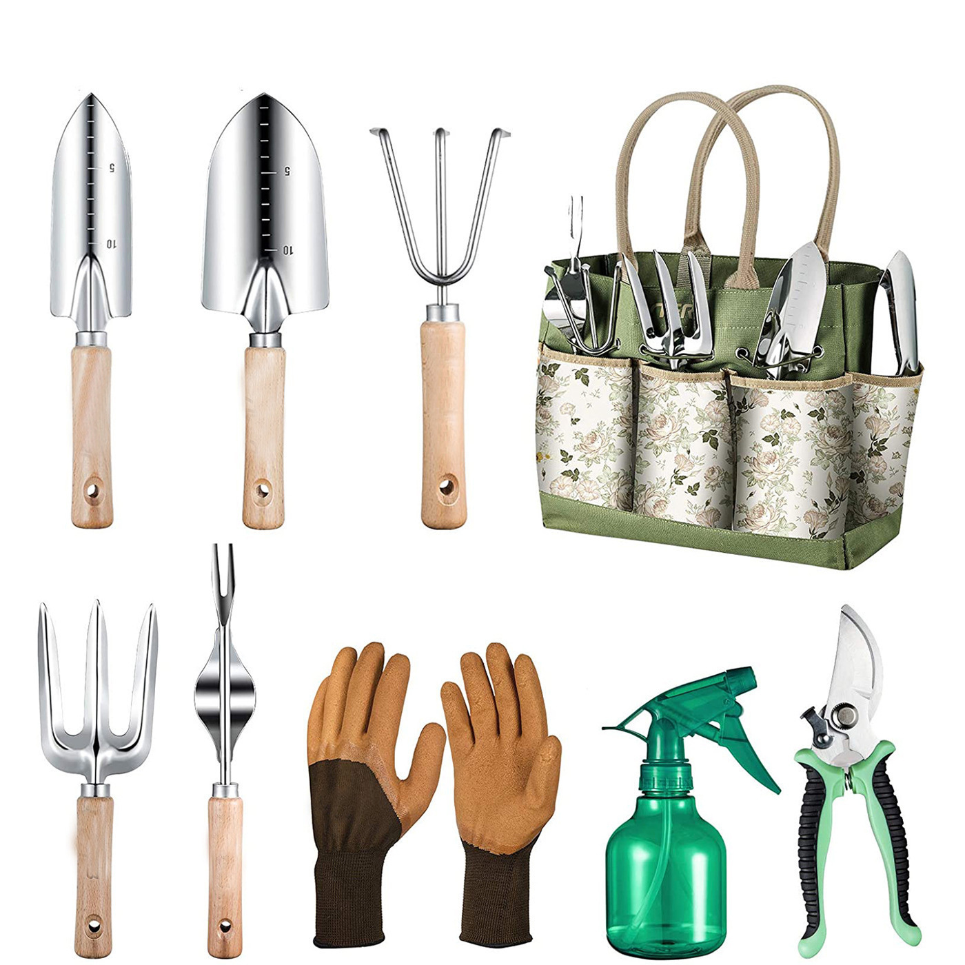 Gardening Tools For Women - ชุดเครื่องมือทำสวน 9 ชิ้น พร้อมชุดเครื่องมือช่างสแตนเลสแบบหนาพิเศษ กระเป๋าเก็บของทนทาน ถุงมือยางกันลื่นสำหรับผู้หญิง