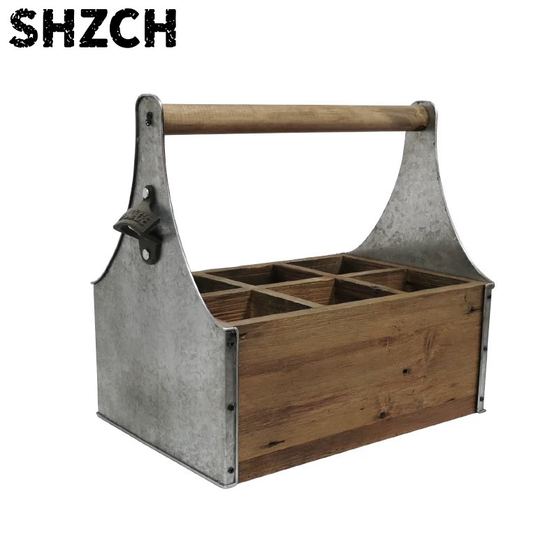 Gardening Tools Vintage - ตะกร้าเก็บของไม้และโลหะสไตล์เรโทรพร้อมหูหิ้ว กล่องจัดระเบียบแบบวินเทจสำหรับขวด เครื่องมือ ของตกแต่งสวนและบ้าน
