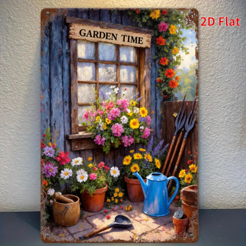 Gardening Tools Vintage - ป้ายโลหะลายดอกไม้สไตล์วินเทจ Garden Time สำหรับตกแต่งสวน ลานบ้าน หรือผนัง